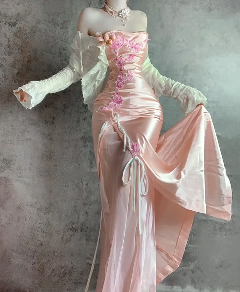 Superbe robe de soirée longue en satin fuchsia, style sirène, sans bretelles, ED02613