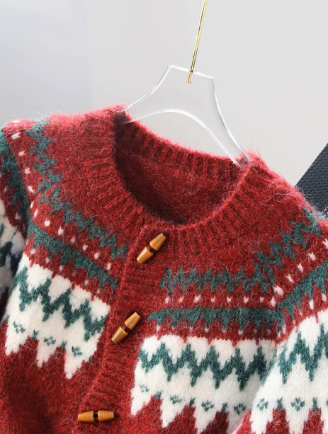 Vintage Horn Button Fair Isle Thick Knit Cardigan ED0359