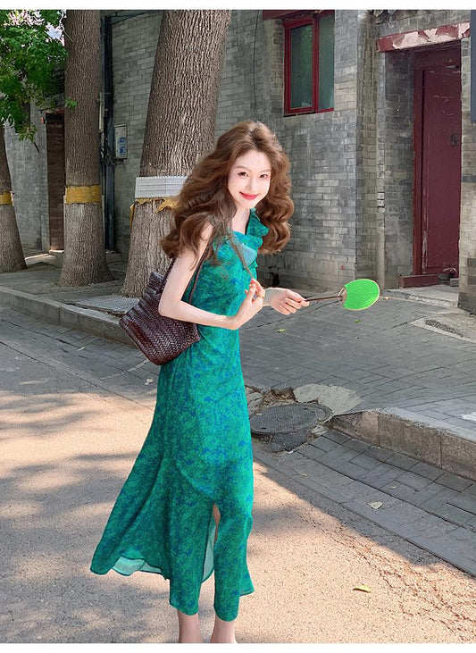 Robe fendue à la taille, style rétro français, à volants et à fleurs, ED0366