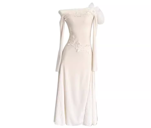 Französisches One-Shoulder-Strick-Patchwork-Kleid aus weicher Spitze mit schmalem Fischschwanz ED0368