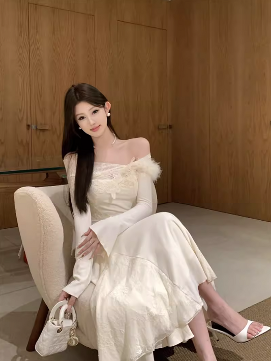 French one-shoulder knitted patchwork soft lace slim fishtail dress ED0368