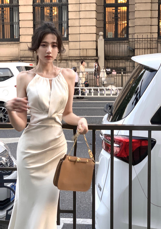 White Halter Neck Satin Sling Fishtail Dress ED0369