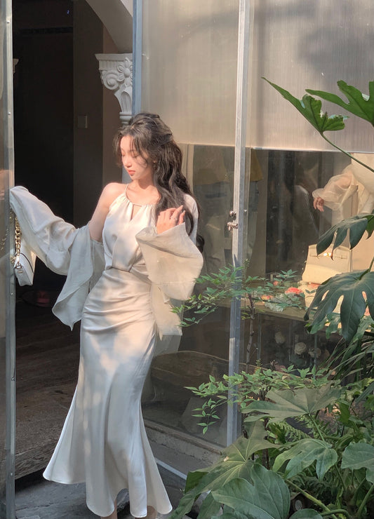 Light Green Halter Neck Satin Strap Fishtail Dress ED0370