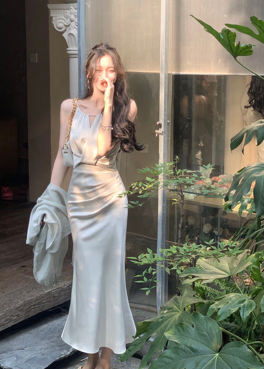 Light Green Halter Neck Satin Strap Fishtail Dress ED0370