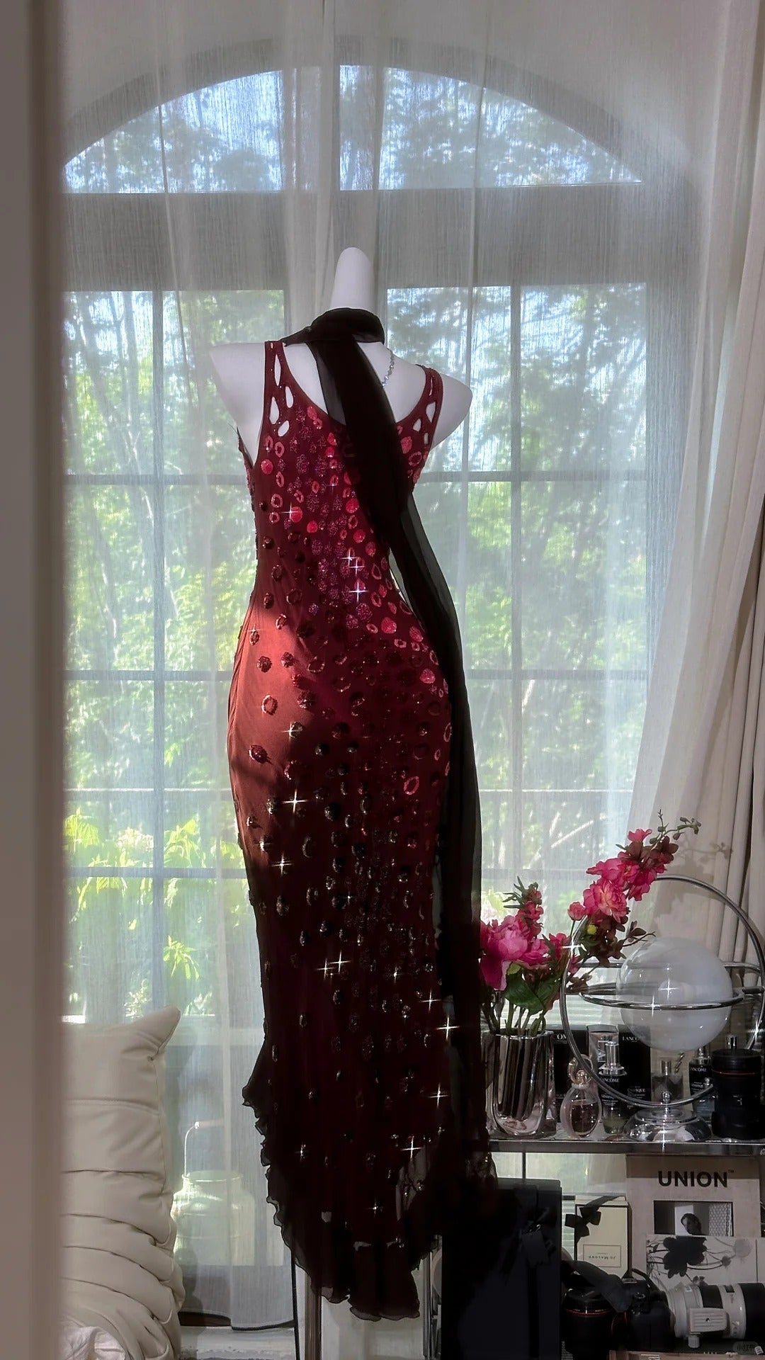 Elegant Gradient Burgundy Sheath Evening Dress Vintage Chiffon Short Formal Dress ED03711