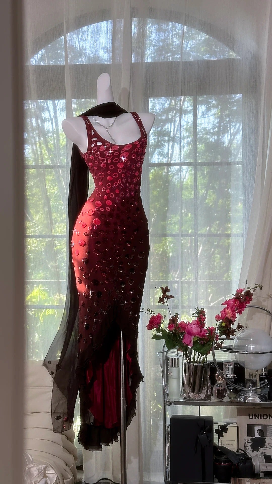 Elegant Gradient Burgundy Sheath Evening Dress Vintage Chiffon Short Formal Dress ED03711