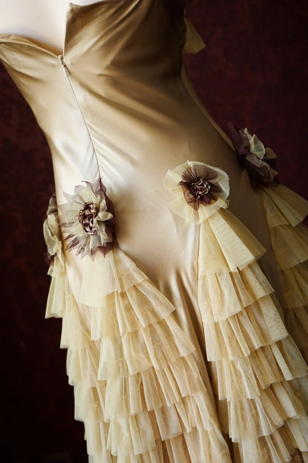 Elegant Light Champagne Sheath Birthday Dress Vintage Satin Tiered Tulle Short Formal Dress with Appliques ED03712