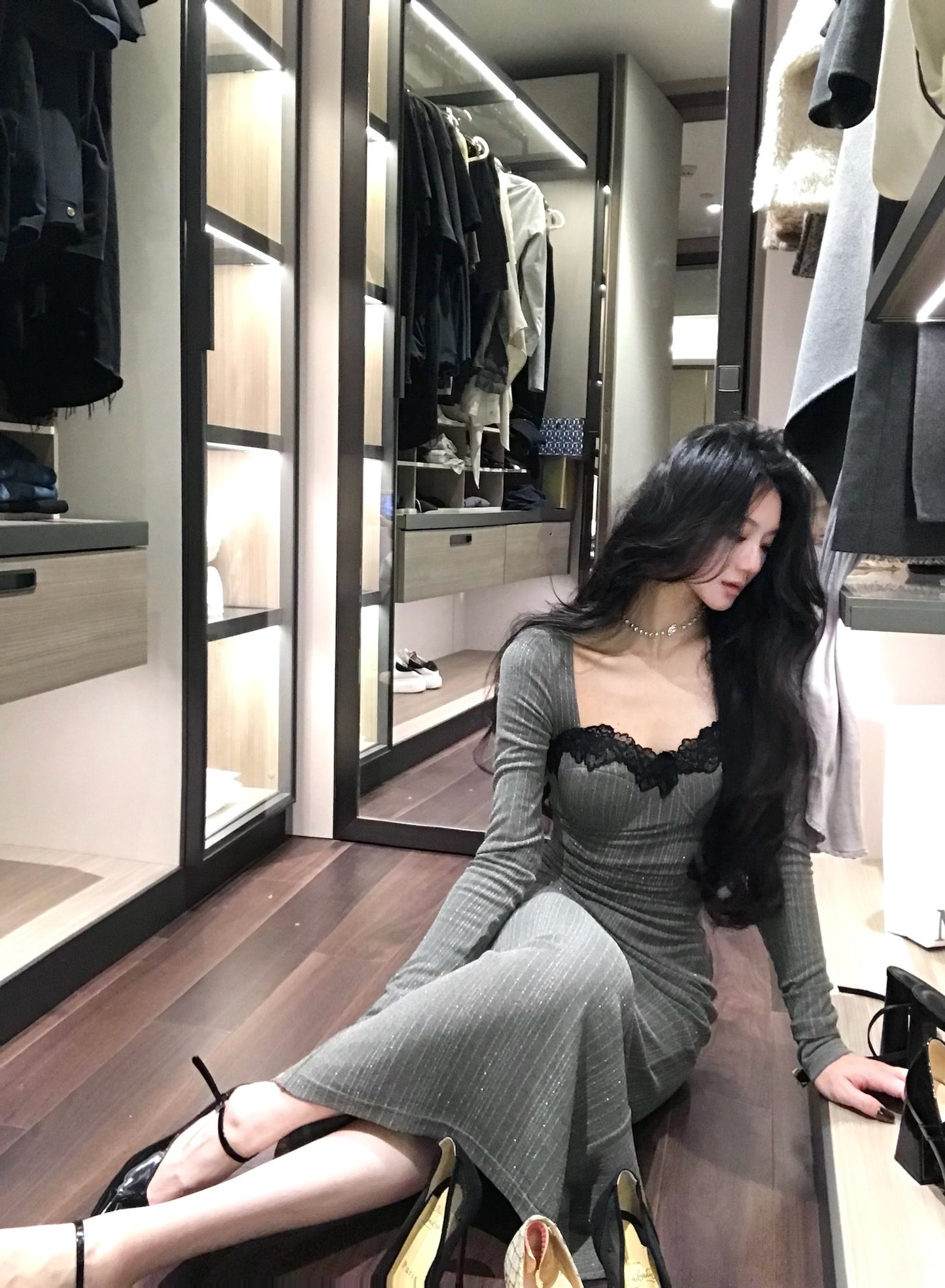 Lace patchwork mesh waist slimming knitted dress ED0371