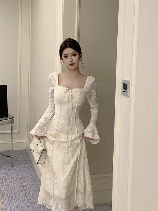 French elegant bow A-line long skirt white dress birthday dress ED0372