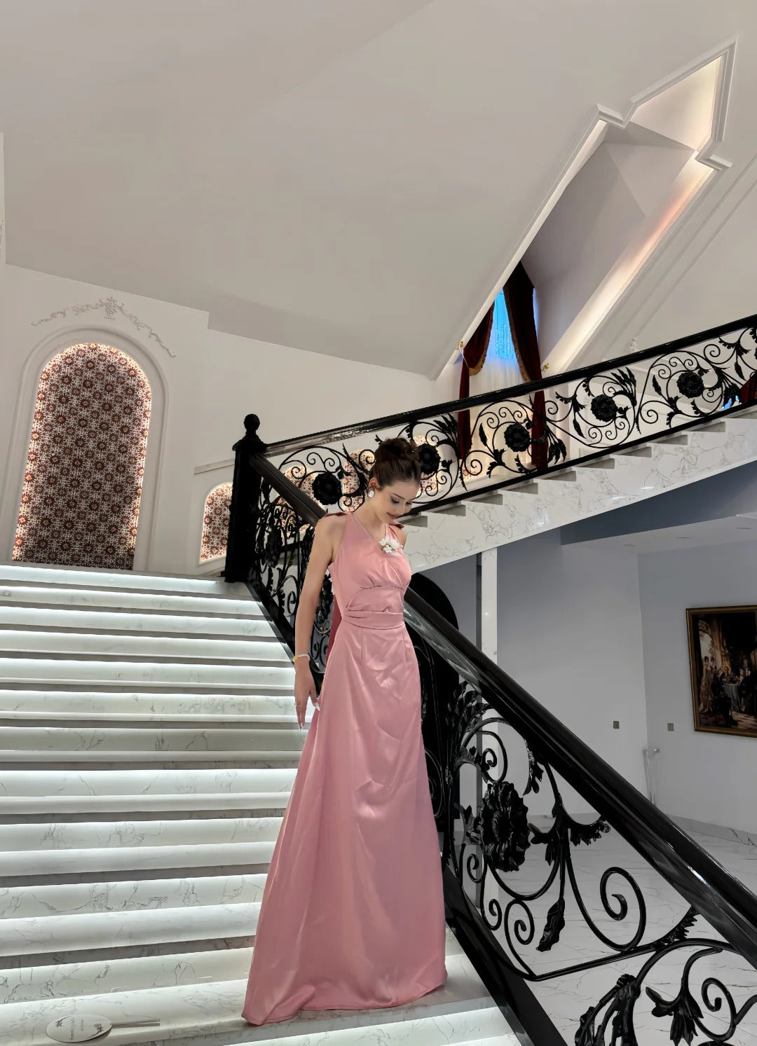 Superbe robe de soirée longue en satin fuchsia, style sirène, sans bretelles, ED02613