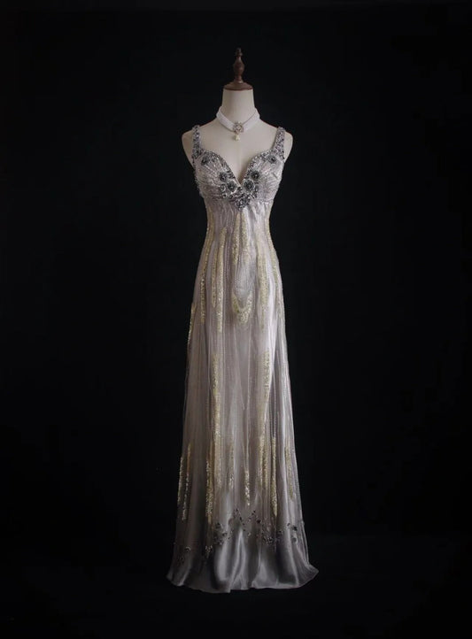 Vintage Sheath V-neck Silk Beaded Long Evening Gowns,Sequined Tulle Light Grey  Formal Dresses Gorgeous Prom Dress