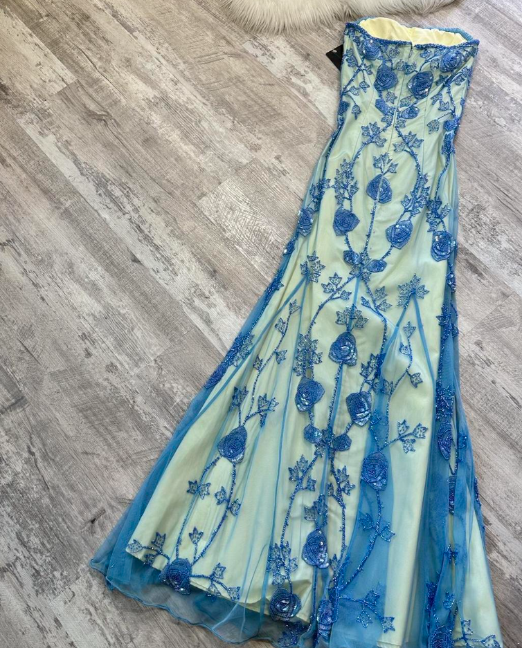 Vintage Sheath Strapless Long Evening Gown Gorgeous Blue Tulle Beaded Formal Dress Birthday Prom Dress ED03800