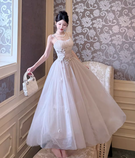 White Modest Spaghetti Strap Ball Gown Tulle Apricot Long Prom Dress Sweet 16 Dress ED03805