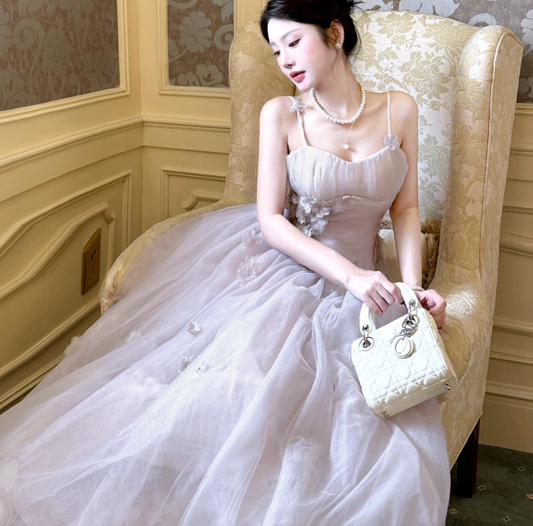 White Modest Spaghetti Strap Ball Gown Tulle Apricot Long Prom Dress Sweet 16 Dress ED03805