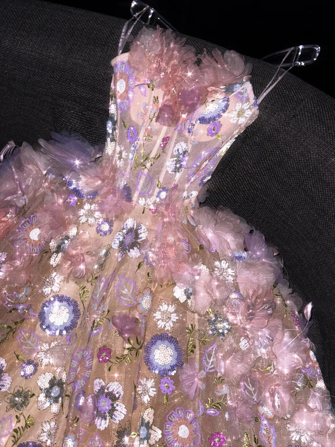 Fairytale Strapless Ball Gown Quinceanera Dress Tulle Sequin Pink Evening Dress Applique Sweet 16 Dress ED03819