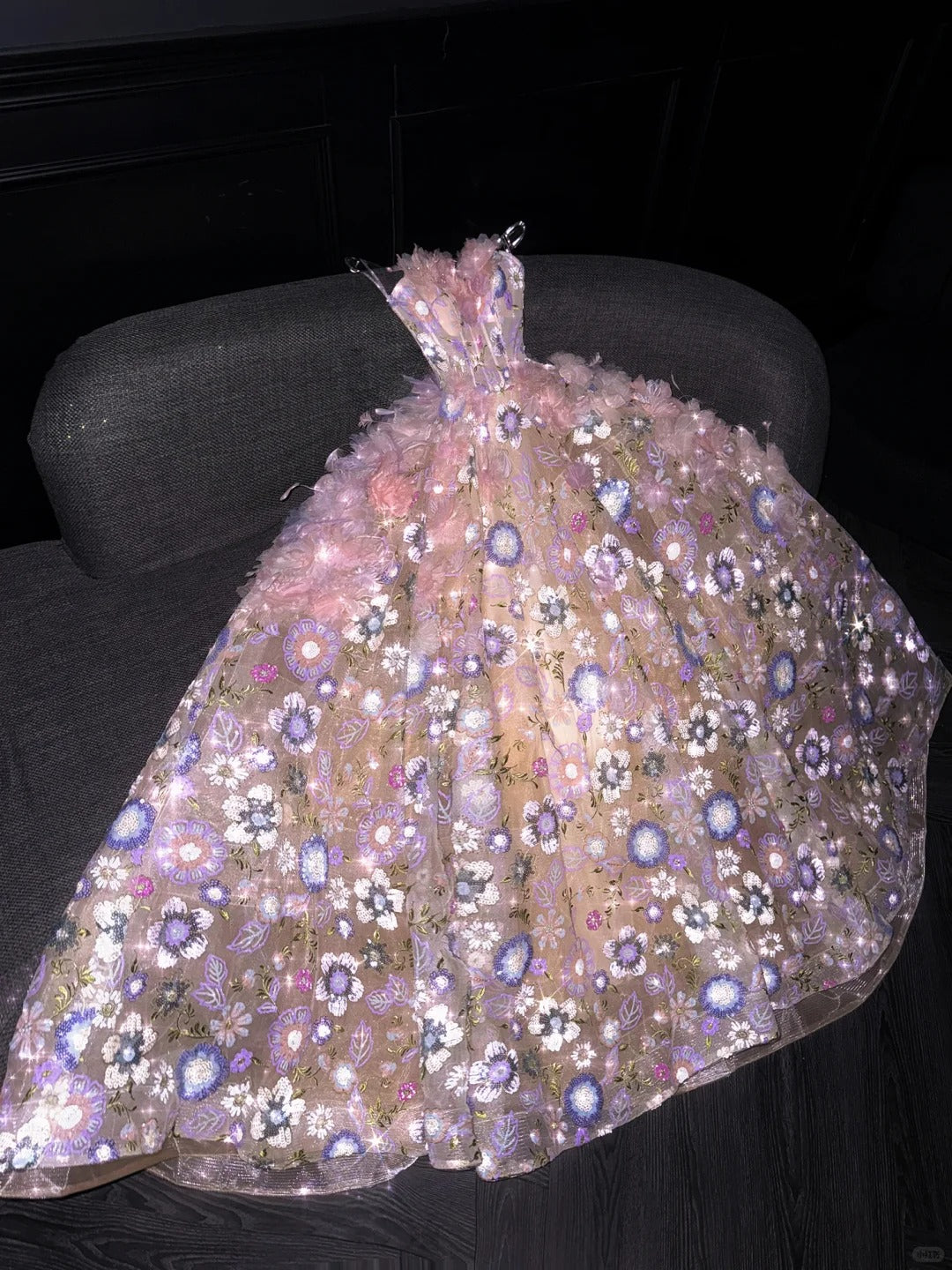Fairytale Strapless Ball Gown Quinceanera Dress Tulle Sequin Pink Evening Dress Applique Sweet 16 Dress ED03819