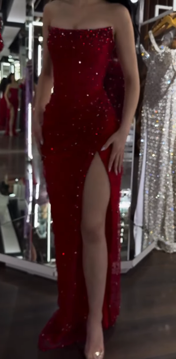 Elegant Strapless Sheath Silt Evening Dress Burgundy Modest Rhinestone Two-Piece Long Prom Dress ED03821