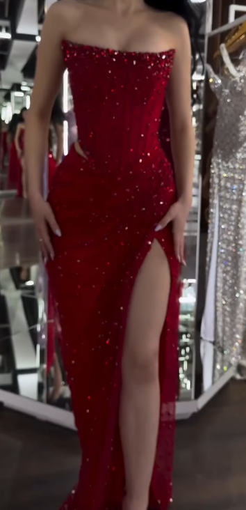 Elegant Strapless Sheath Silt Evening Dress Burgundy Modest Rhinestone Two-Piece Long Prom Dress ED03821