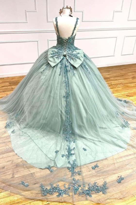 Cute V-neck Ball Gown Green Applique Sequin Quinceanera Dress Tulle Long Prom Dress Sweet 16 Dress ED03825