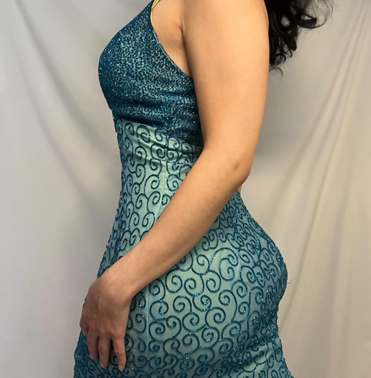 Vintage Spaghetti Strap Sheath Evening Dress Blue Chiffon Beaded Formal Dress Modest Slit Birthday Prom Dress ED03844