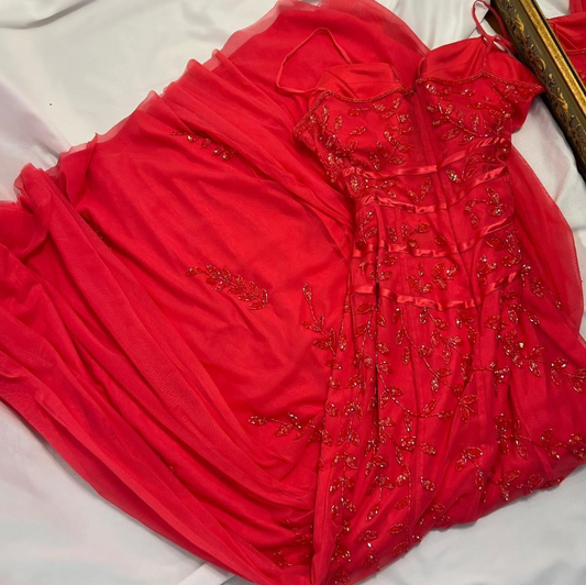 Vintage Red Mermaid Evening Gown Elegant Beaded Chiffon Long Prom Dresses Spaghetti Strap Formal Dress ED03856