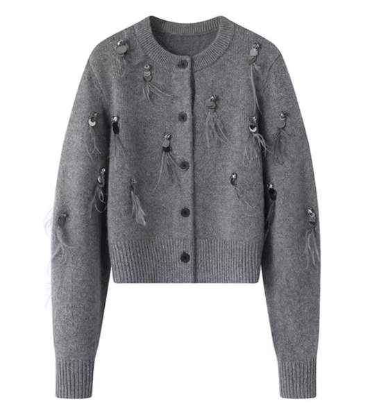 French Chanel style tassel sequined diamond feather women's long sleeve cardigan ED0385