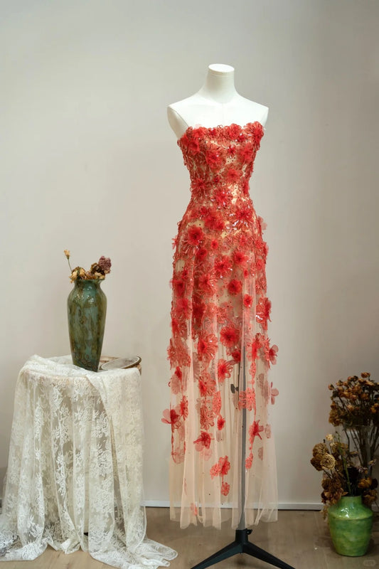 Superbe robe de soirée longue en satin fuchsia, style sirène, sans bretelles, ED02613