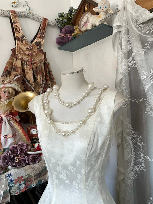 Vintage White Bateau A-Line Long Evening Gown Elegant Jacquard Satin Formal Dress Birthday Outfit ED03866