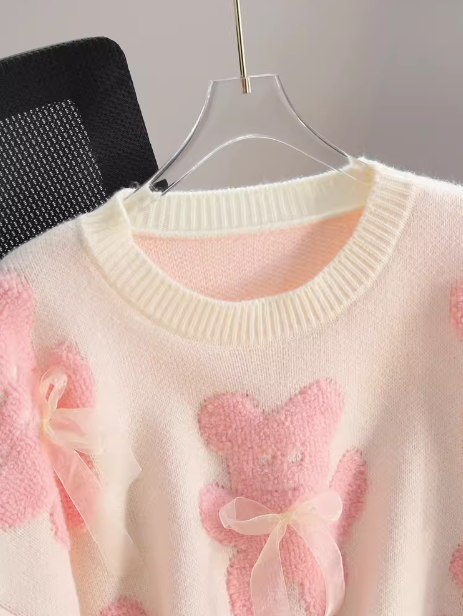 Gentle Pink Bear Bow Round Neck Sweater ED0386