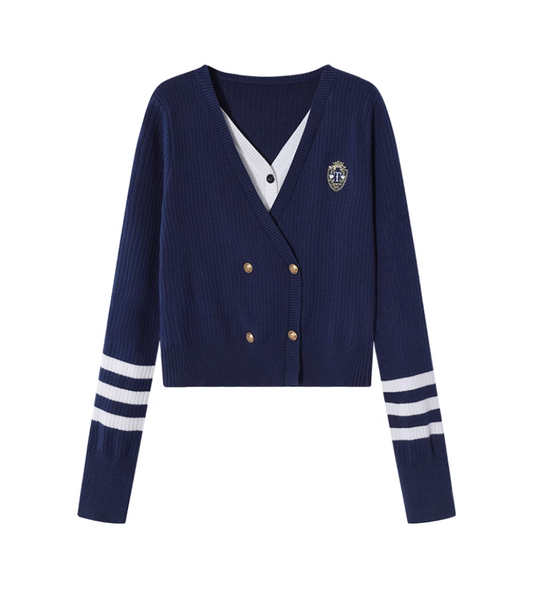 College style fake two-piece V-neck sweater ED0388