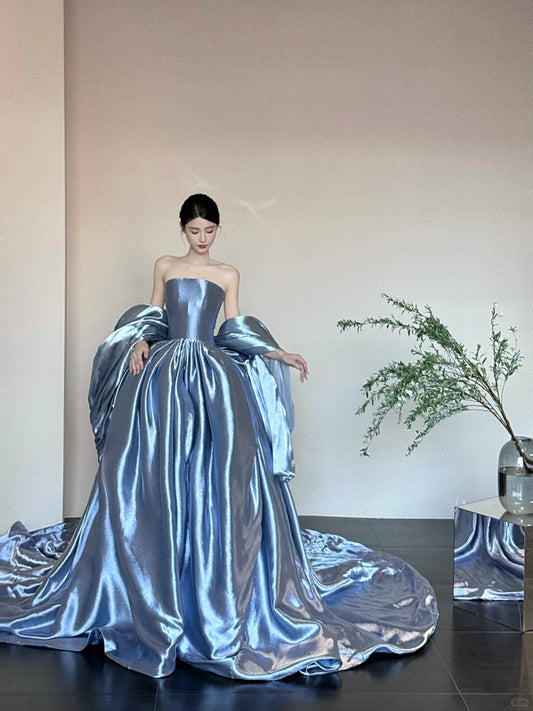 Glamour Strapless Ball Gown Blue Quinceanera Dress Satin Sweet 16 Dress Birthday Outfits ED03897