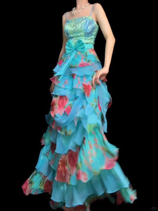 Vintage Blue Spaghetti Straps Sheath Long Formal Dress Floral Chiffon Sweet Birthday Dress ED03904