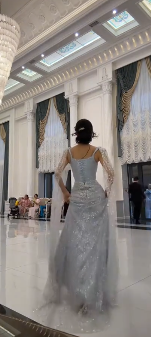 Elegant Square Neck Sheath Formal Evening Dresses Sparkly Gray Blue Tulle Sequin Long Prom Dresses ED03913