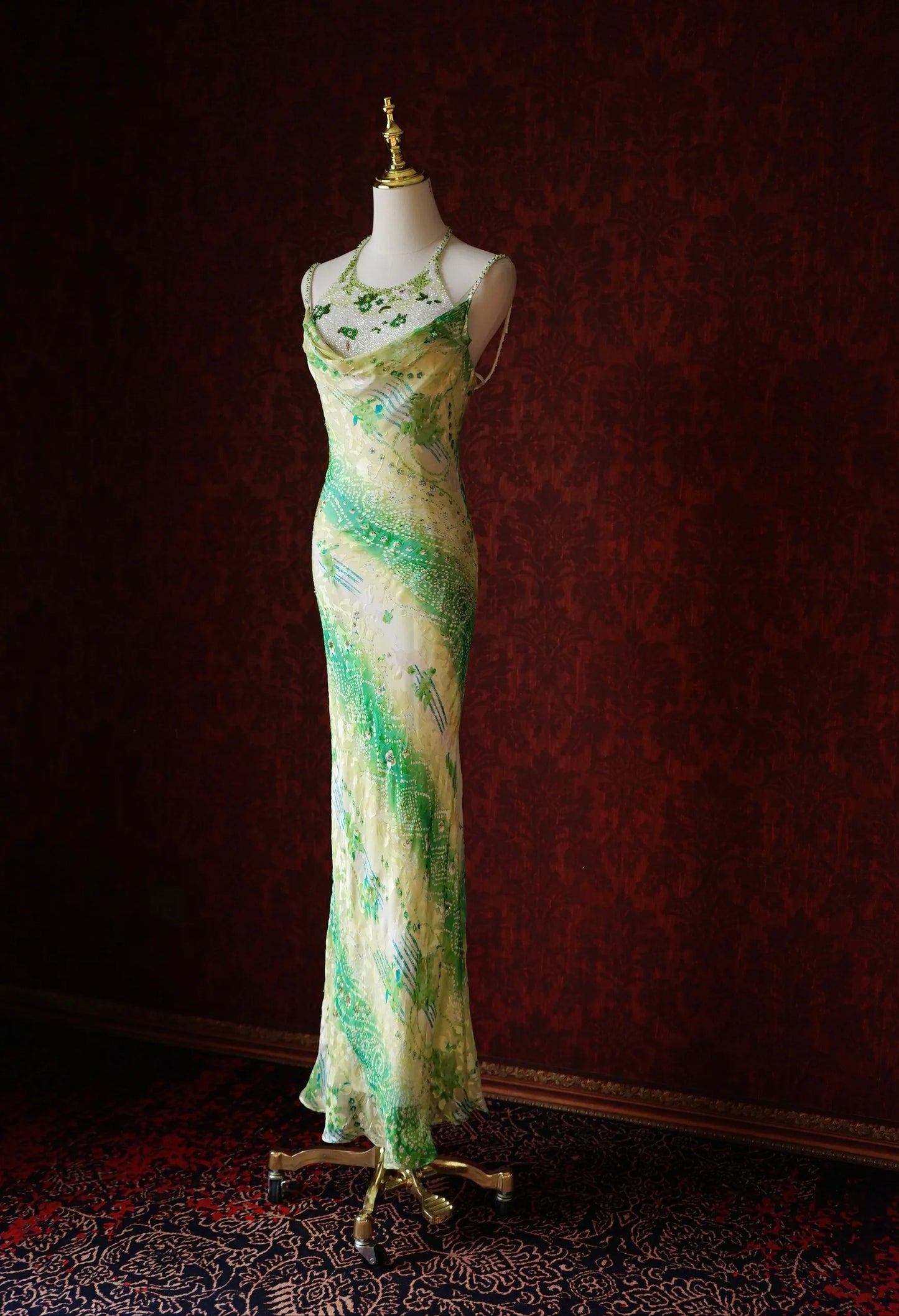 Vintage Green Sheath Spaghetti Strap Floral Chiffon Long Prom Dress Beaded Formal Evening Dress Wedding Guest Dress ED03954