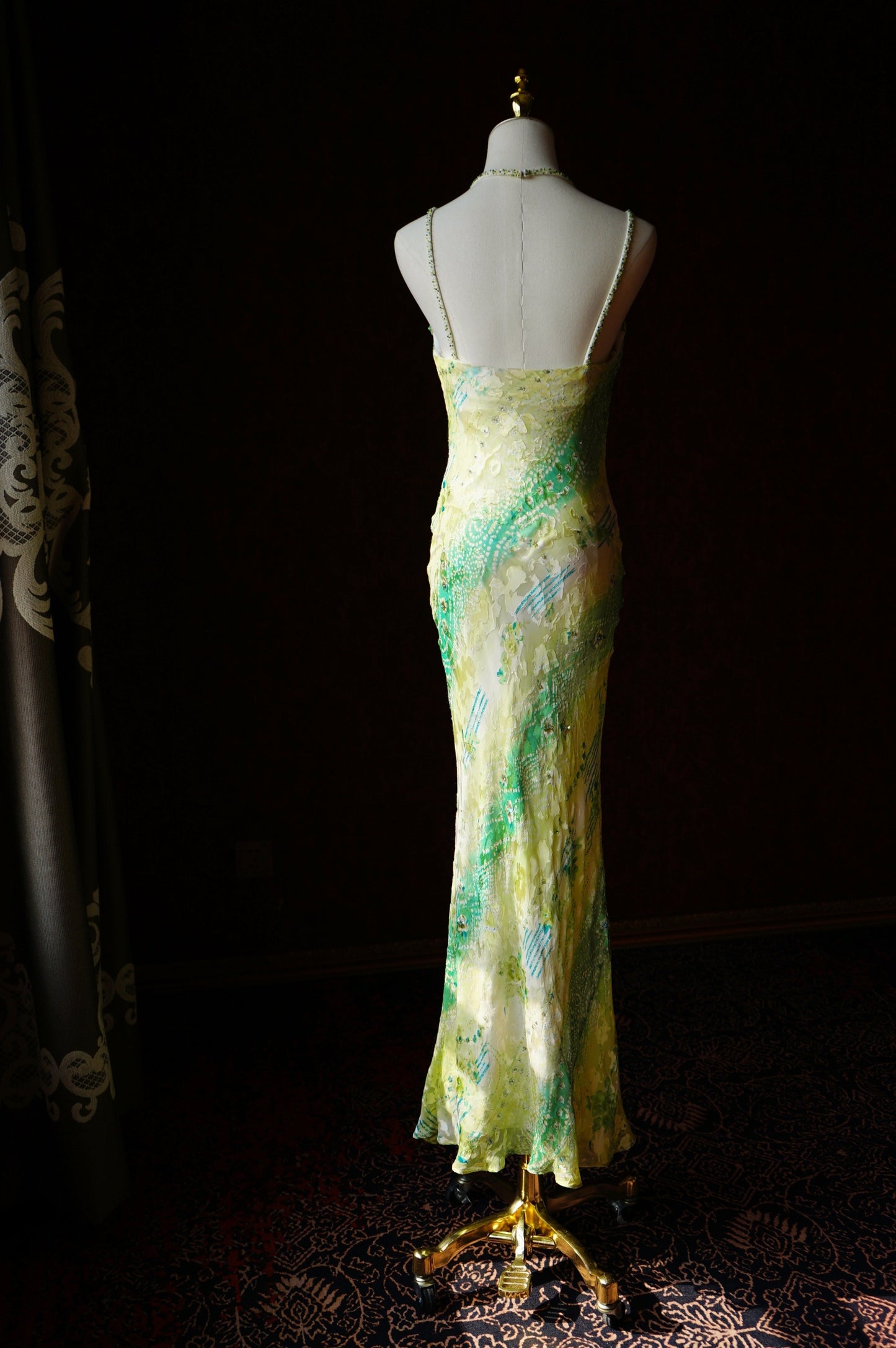 Vintage Green Sheath Spaghetti Strap Floral Chiffon Long Prom Dress Beaded Formal Evening Dress Wedding Guest Dress ED03954