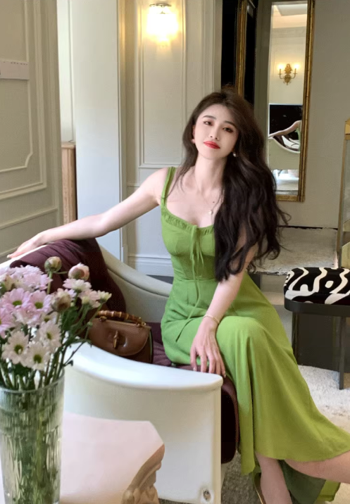 Robe de soirée rétro française vert avocat ED0395