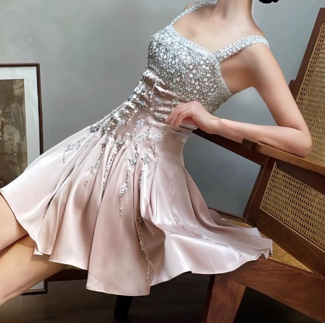 Elegant A-Line Square Neck Short Birthday Prom Dress Satin Beaded Formal Dress Graduation Dress Middle School Homecoming Dress ED03961