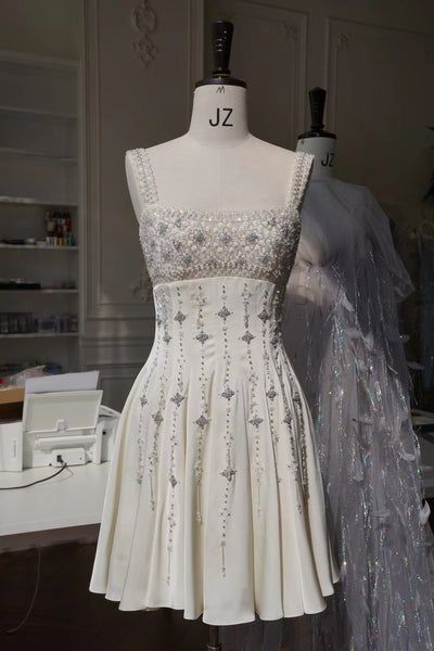Elegant A-Line Square Neck Short Birthday Prom Dress Satin Beaded Formal Dress Graduation Dress Middle School Homecoming Dress ED03961