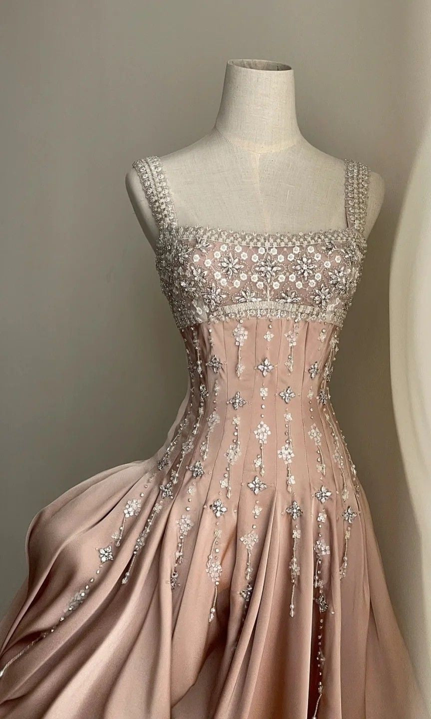 Elegant A-Line Square Neck Short Birthday Prom Dress Satin Beaded Formal Dress Graduation Dress Middle School Homecoming Dress ED03961