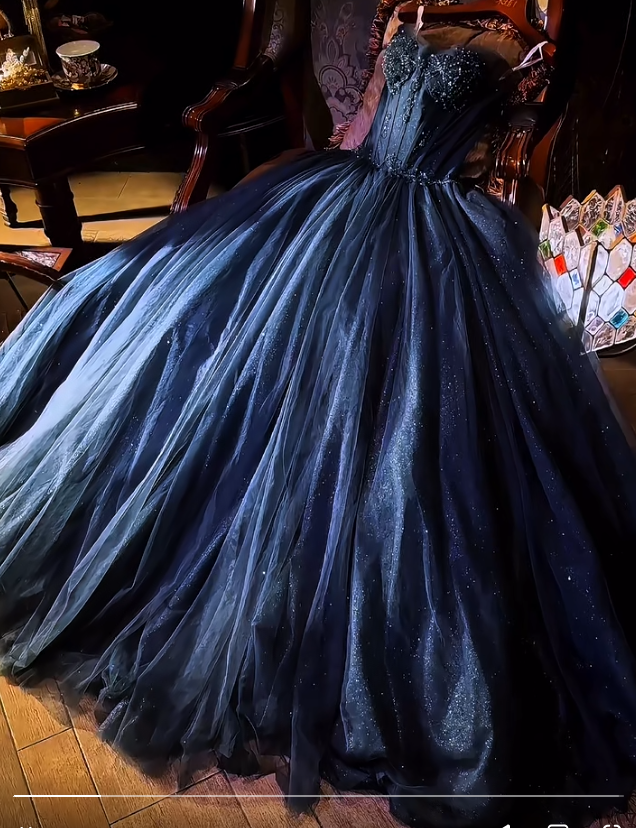 Elegant Strapless A-Line Tulle Sequin Long Prom Dress Navy Blue Formal EvaFashionDress Elegant Strapless A-Line Tulle Sequin Long Prom Dress Navy Blue Formal EvaFashionDress