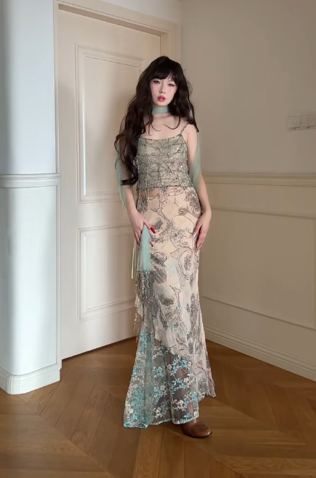 Vintage Spaghetti Strap Sheath Two-Piece Long Prom Dress, Chiffon Bead EvaFashionDress Vintage Spaghetti Strap Sheath Two-Piece Long Prom Dress, Chiffon Bead EvaFashionDress