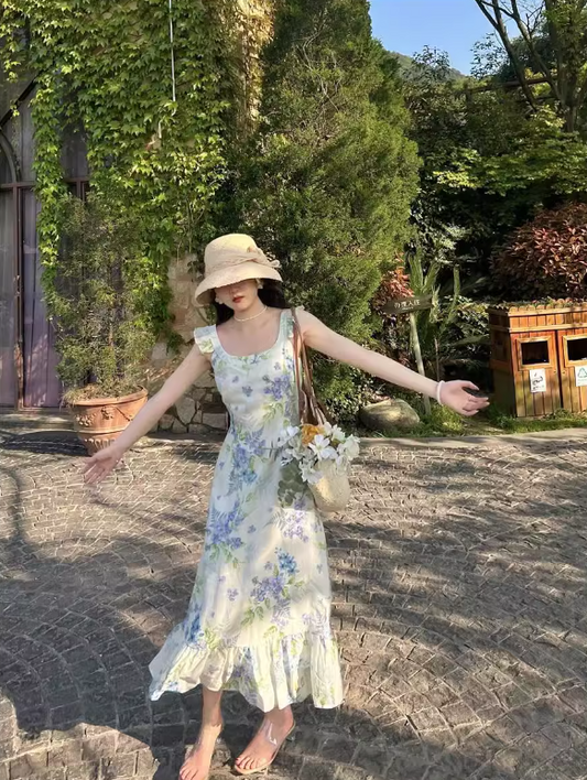 Französischer Retro-Pastoralstil mit kleinen fliegenden Ärmeln und floralem langen Rock ED0398