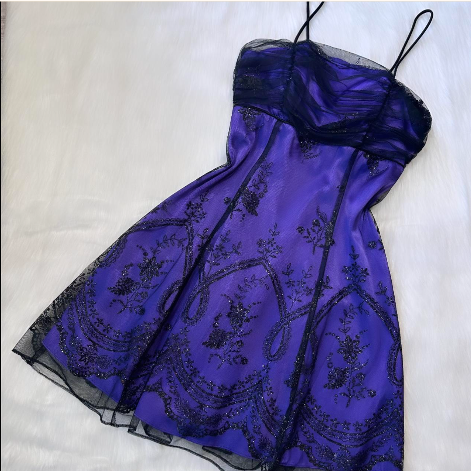 Vintage A-Line Spaghetti Strap Tulle Short Prom Dress Purple Satin Homecoming Dresses ED03994