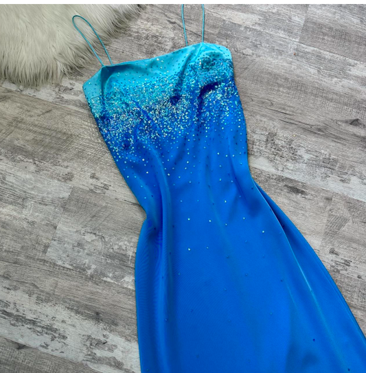 Vintage Spaghetti Strap Sheath Chiffon Sequin Long Prom Dresses Blue Wedding Guest Dresses ED04013