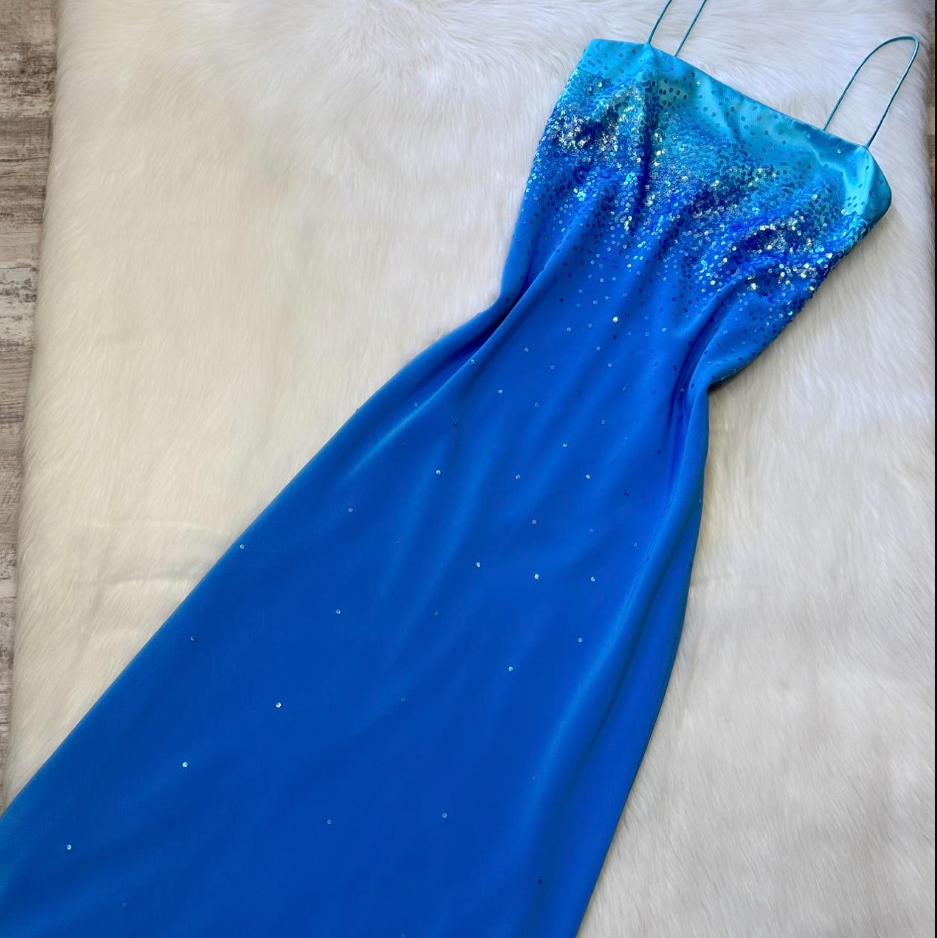 Vintage Spaghetti Strap Sheath Chiffon Sequin Long Prom Dresses Blue Wedding Guest Dresses ED04013