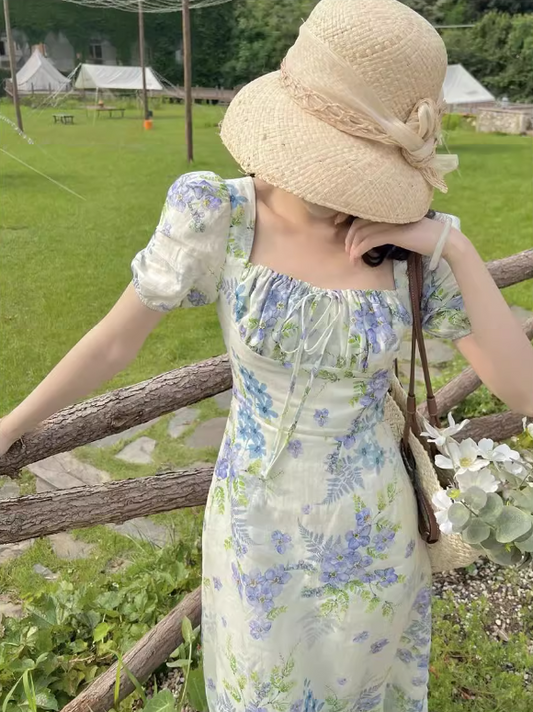 French floral pastoral style puff sleeve square neck dress ED0401