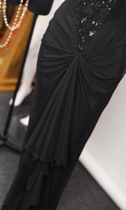 Sexy Strapless Bodycon Long Prom Dresses Chiffon Beaded Guest Dresses, Black Formal Dresses ED04023