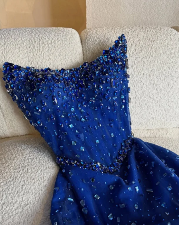 Sexy Strapless Sheath Tulle Beaded Long Prom Dresses, Royal Blue Formal Evening Dresses ED04026