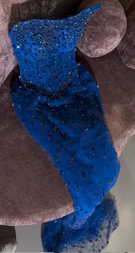 Sexy Strapless Sheath Tulle Beaded Long Prom Dresses, Royal Blue Formal Evening Dresses ED04026