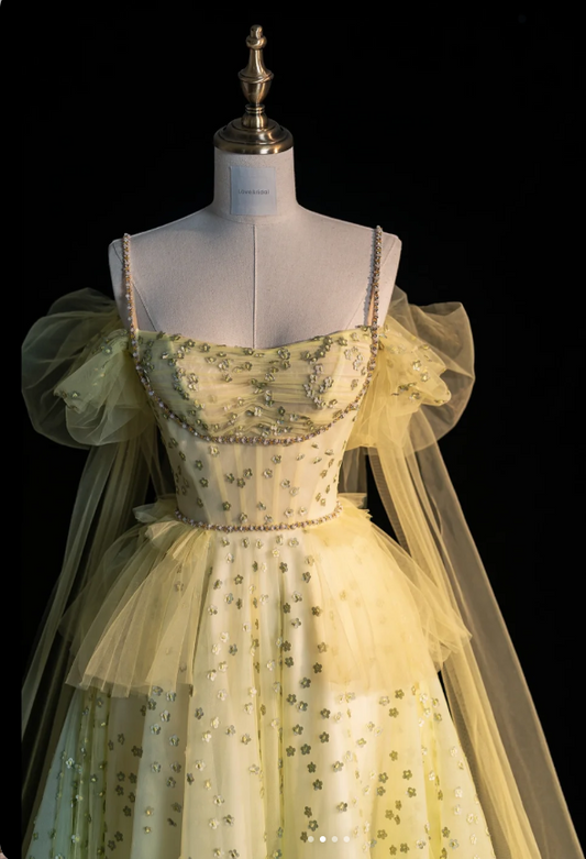 Sweet Spaghetti Strap Ball Gown Tulle Sequin Long Prom Dresses, Yellow Formal Evening Dresses ED04030
